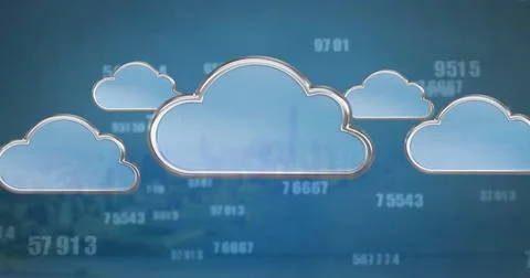 Image of clouds and numbers over blue background 写真素材