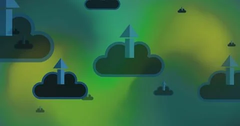 Image of clouds with arrows pointing up over green pattern Stock Illustration