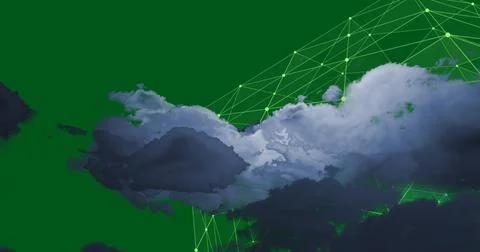 Image of clouds with data processing and connections on green background Illustrazione stock