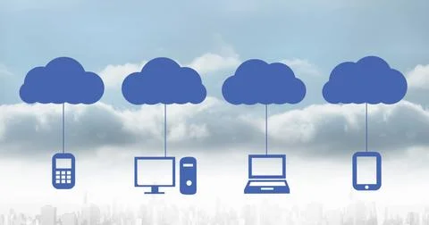 Image of clouds with electronic devices over cityscape Stock Illustration