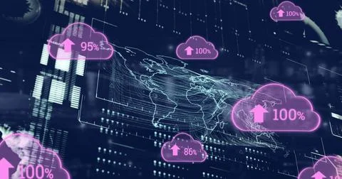 Image of clouds with growing numbers over data processing on black background Foto stock
