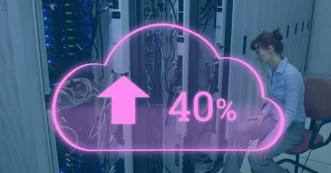 Image of clouds icon over caucasian female worker inspecting server room Stock Photos