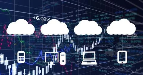 Image of clouds with icons over data processing on black background Stock Photos