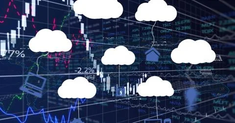 Image of clouds with icons over data processing on black background Foto stock