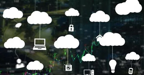 Image of clouds with icons over data processing and cityscape 스톡 사진