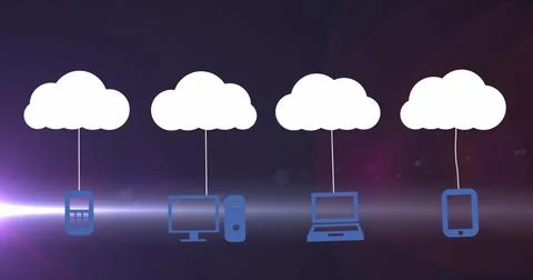 Image of clouds with icons over light trails Stock Photos