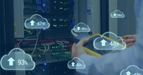 Image of clouds with increasing numbers over hands of caucasian man working with Stock Illustration