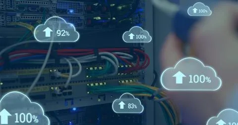 Image of clouds with increasing numbers over hands of caucasian man working with Stock Illustration