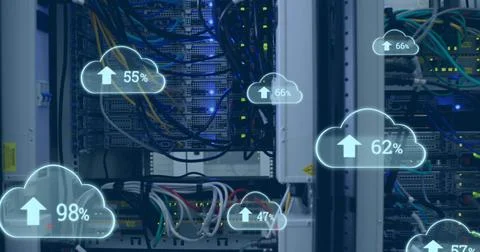 Image of clouds with increasing numbers over wires and servers Stock Illustration