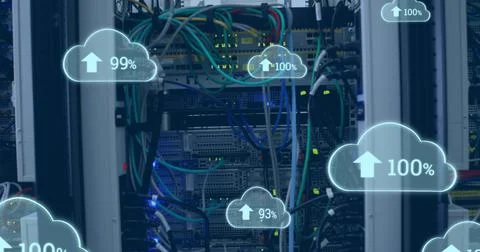 Image of clouds with increasing numbers over wires and servers Stock Illustration