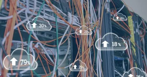 Image of clouds with increasing numbers over wires and servers Stock Illustration