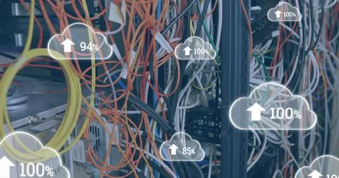 Image of clouds with increasing numbers over wires and servers Stock Illustration