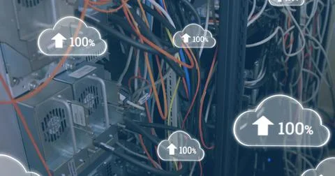 Image of clouds with increasing numbers over wires and servers Stock Illustration