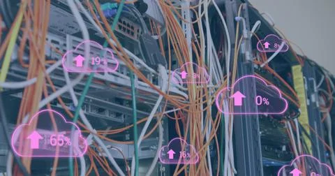Image of clouds with increasing numbers over wires and servers Stock Illustration