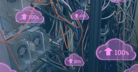 Image of clouds with increasing numbers over wires and servers Stock Illustration