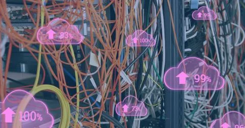Image of clouds with increasing numbers over wires and servers Stock Illustration