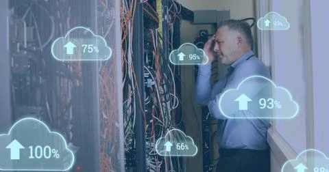 Image of clouds with increasing numbers over stressed caucasian man standing at Stock Illustration