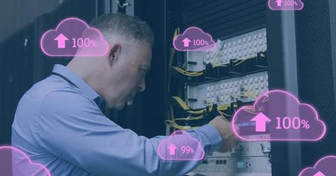 Image of clouds with increasing numbers over caucasian man working in server Stock Illustration