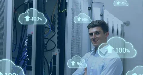 Image of clouds with increasing numbers over smiling caucasian man standing at Stock Photos