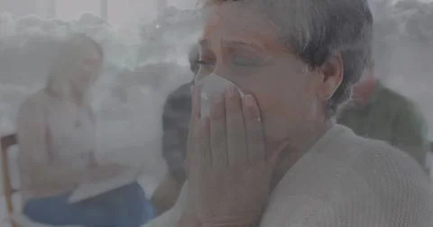 Image of clouds over diverse group of seniors talking Stock Photos