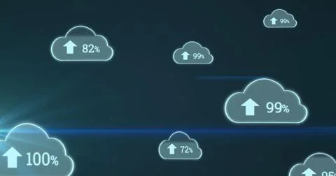 Image of clouds with percent going up to one hundred with glowing light on blue Stock Illustration