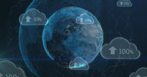 Image of clouds with percentage and arrow over globes on black background Ilustración de archivo