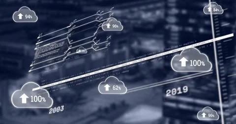 Image of clouds with uploading and data on blurred navy cityscape イラスト素材