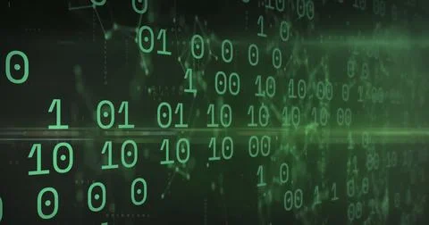 Image of clouds with uploading over binary code on green background 스톡 일러스트