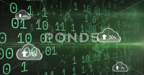 Image of clouds with uploading over binary code on green background ...