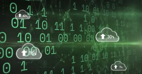 Image of clouds with uploading over binary code on green background Illustrazione stock