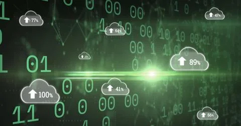 Image of clouds with uploading over binary code on green background Stock Illustration