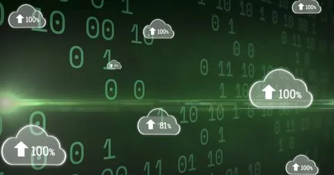 Image of clouds with uploading over binary code on green background Stock Illustration