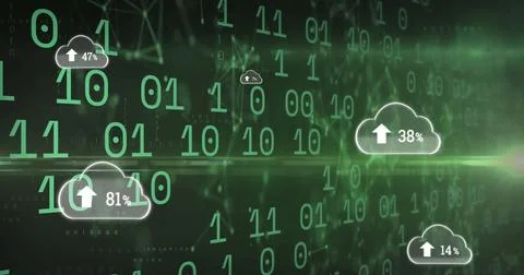 Image of clouds with uploading over binary code on green background Stock Photos