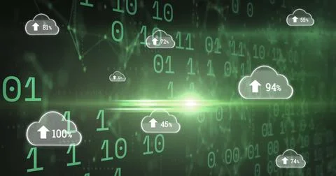 Image of clouds with uploading over binary code on green background Stock Photos