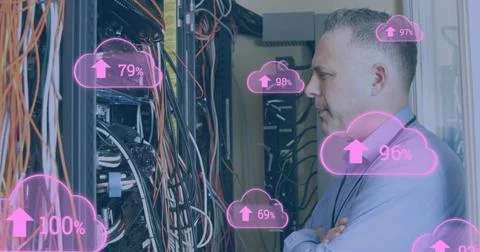 Image of clouds with uploading over caucasian man checking servers 스톡 일러스트