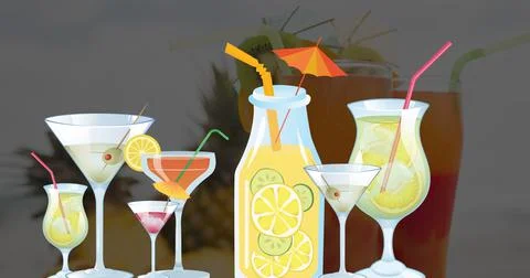 Image of cocktail glasses over multiple cocktails in background Illustrazione stock
