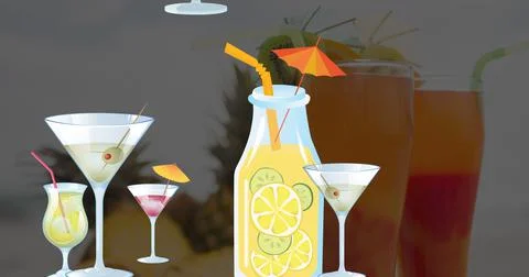 Image of cocktail glasses over multiple cocktails in background Illustrazione stock