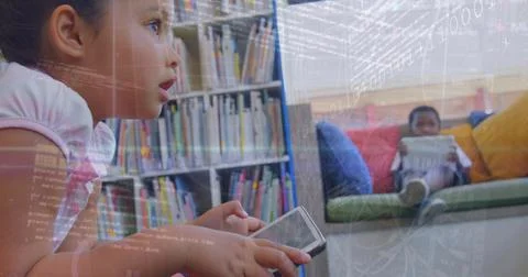 Image of codes and infographics over african american girl and boy using Stock Photos