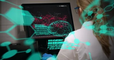 Image of codes and molecule structure over caucasian female scientist using Stock Photos