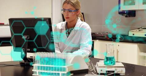 Image of codes, brain, molecule structure over caucasian scientist using Stock Photos