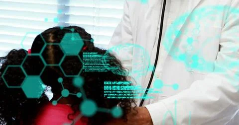 Image of codes, brain, molecule structure over caucasian doctor examining girl Stock Photos