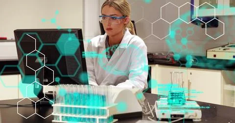 Image of codes, brain, molecule structure over caucasian female scientist using 스톡 사진