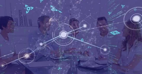 Image of codes, icons and connecting dots over multiracial coworkers discussing Stock Photos