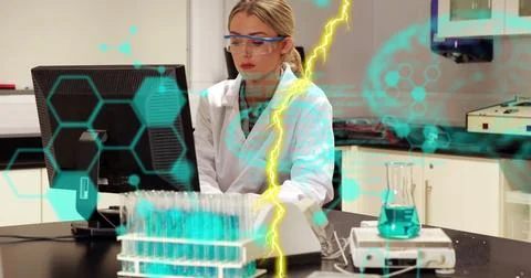 Image of codes, lightning, brain, molecule structure over caucasian scientist Stock Photos