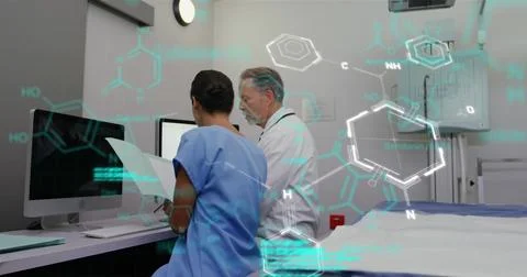 Image of codes, molecule structure over caucasian doctors discussing medical Stock Photos