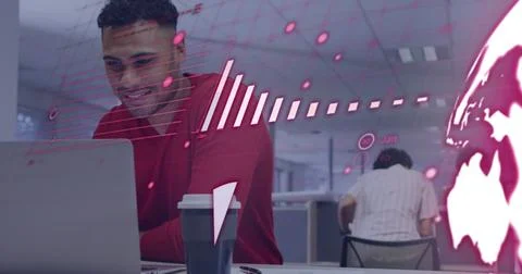 Image of coding and graphs over businessman with coffee working over laptop in Stock Photos
