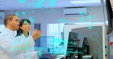 Image of coding and molecule structure over diverse scientists discussing over Stock Photos