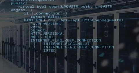 Image of coding data processing over computer server room Stockfoto's