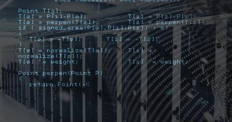 Image of coding data processing over computer server room Stock Photos