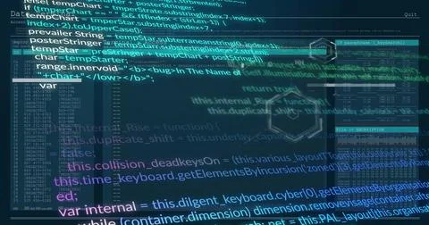 Image of coding over element diagram and data processing on interface screens Stock Illustration